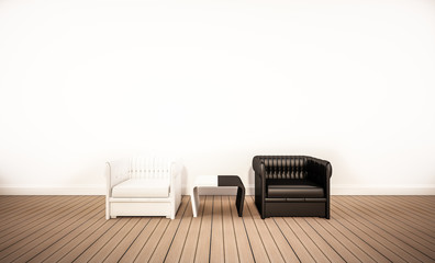 Oak wood floor and white wall, with contrast black and white armchair, 3d rendered