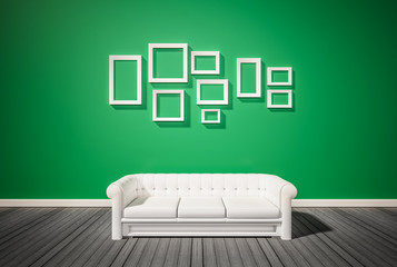 Green wall and dark wood floor, with white sofa and photo frames on wall, 3d renderd