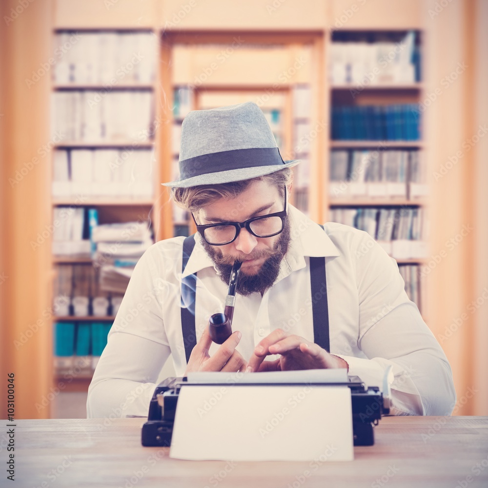 Poster composite image of hipster smoking pipe while working at desk