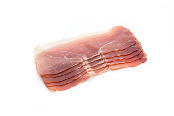 Slices of ham on white background.