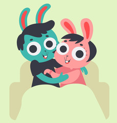 Cute Bunny Couple Hugging on Sofa