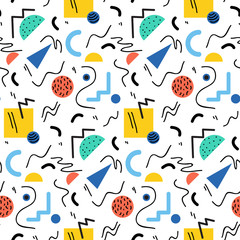 Seamless geometric vintage pattern in retro 80s style, memphis. Ideal for fabric design, paper print and website backdrop. EPS10 vector file.