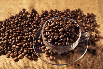 Roasted coffee beans on sackcloth warm tone