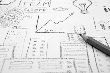  hand drawn picture with city view, diagrams and plan structure