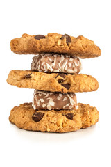 Column of delicious cookies isolated on white background.