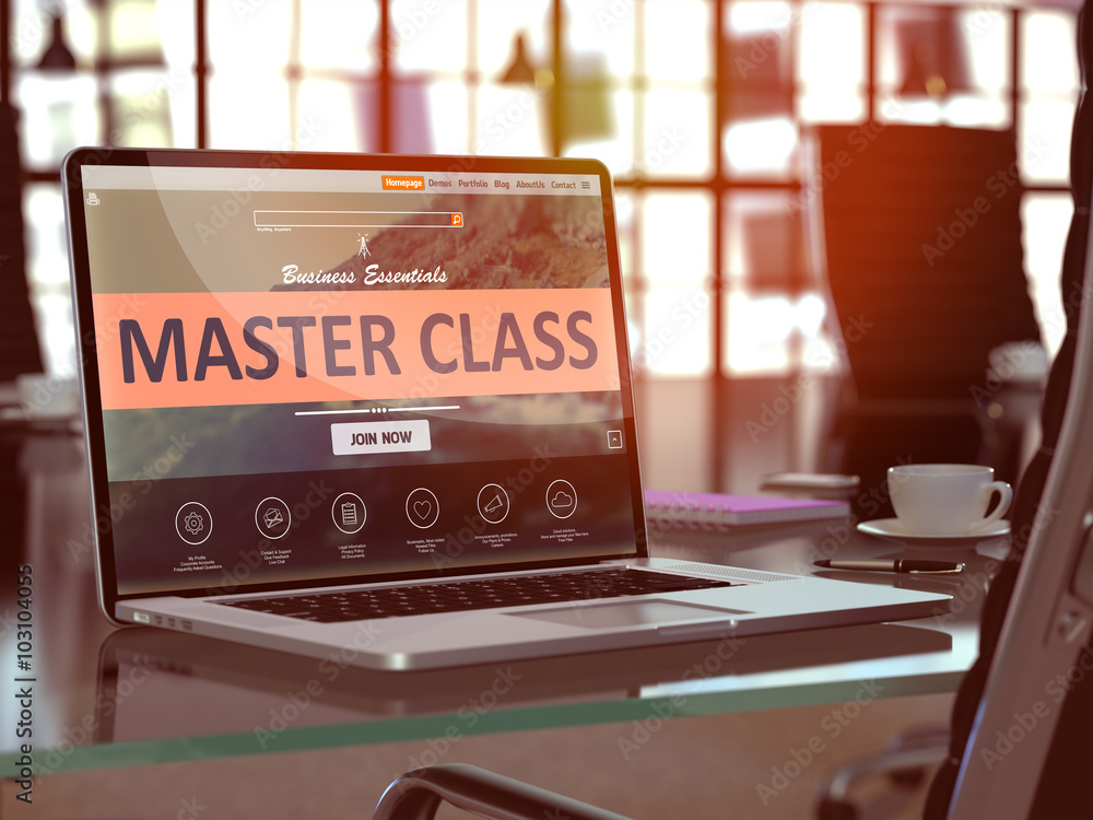 Aufkleber modern workplace with laptop showing landing page with master class concept. toned image with select