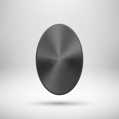 Black abstract geometric shape, ellipse, oval badge, blank button template with metal texture, realistic shadow, light background for banners, interfaces, UI, applications, apps. Vector illustration.