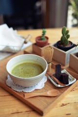 Japanese hot green tea and wire whisk made of bamboo