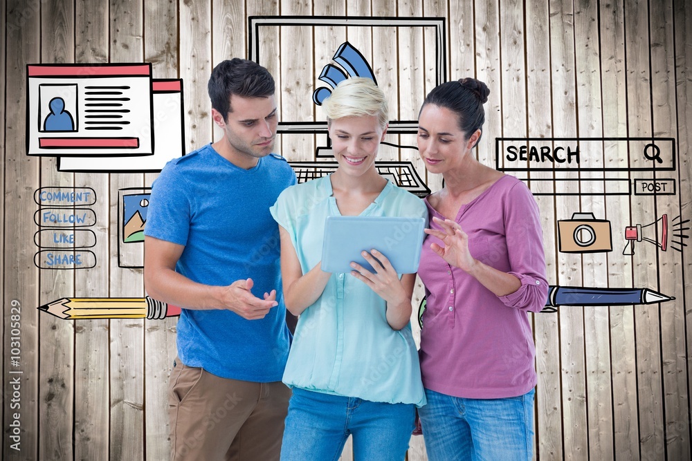 Poster composite image of group portrait of colleagues using tablet