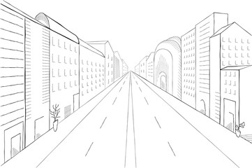 Urban monochrome landscape, vector illustration. Modern city street with buildings, skyscrapers and trees perspective.