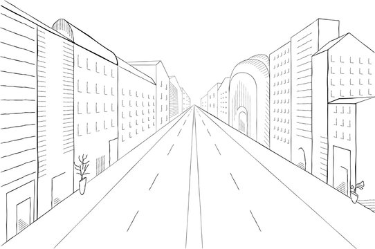 Urban monochrome landscape, vector illustration. Modern city street with buildings, skyscrapers and trees perspective.