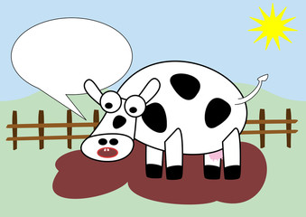 cartoon cow in a muddy farmyard with blank text bubble