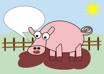 cartoon pig in mud illustration with blank text bubble