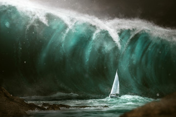 Sailboat in front of a tsunami - obrazy, fototapety, plakaty