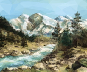 Mountain Landscape with Fir Trees and River, Low Poly. Vector