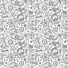 Handmade seamless pattern or background with abstract marine world in black white for coloring page or relax coloring book
