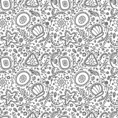 Handmade seamless pattern or background with abstract protozoa or abstract plankton in black white for coloring page or relax coloring book