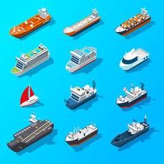 Fototapeta premium Ships Boats Vessels Isometric Icon Set 