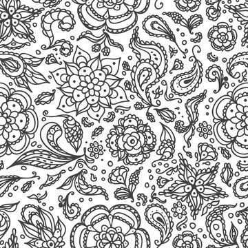 Seamless abstract floral pattern with flowers, petals, leaves, seeds, plants  in black white for coloring page or for relax coloring book