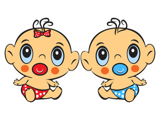 Fototapeta premium Two Funny baby sitting. Cute baby boy and girl sitting in a diap