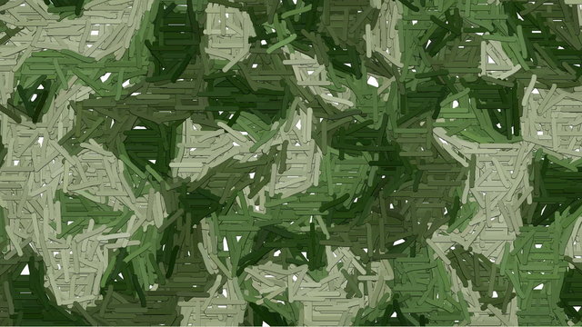 Random animated dashes forms abstract moving camouflage background. From white to khaki green colors.