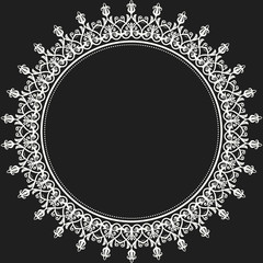 Oriental vector round white frame with arabesques and floral elements. Floral fine border. Greeting card with place for text
