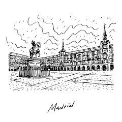 Statue of Philip III on Mayor plaza in the center of Madrid, Spain. Drawn pencil sketch. Vector file