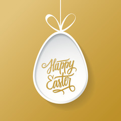 Easter egg with handwritten inscription Happy Easter. Happy Easter greeting card. Happy Easter lettering. Happy Easter symbol. Gold color. Vector illustration.