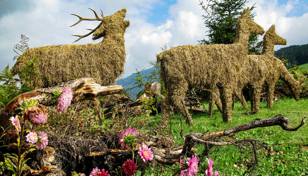 Hirsche und Rehe aus Stroh auf gr&uuml;ner Wiese