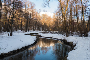 winter river, the sun and snow 2016