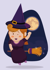 Cute Witch Flying in her Broom in the Night, Vector Illustration