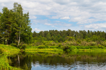 Lake with reflection and forest landscape