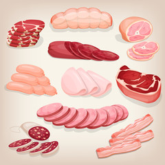 Collection of various delicious meat products. Set of different butchery meat including salami, prosciutto, pepperoni, ham, bacon and sausages. Cartoon style icon. Restaurant menu illustration. 