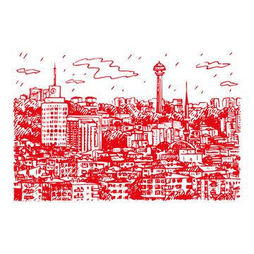 View of Ankara, capital city of Turkey. Vector freehand pencil sketch.