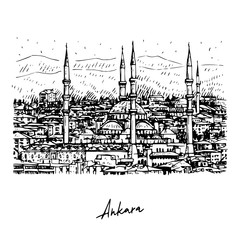 The Kocatepe Mosque, Ankara,Turkey. Vector freehand pencil sketch.