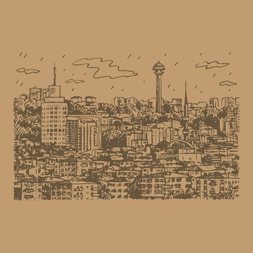 View of Ankara, capital city of Turkey. Vector freehand pencil sketch.