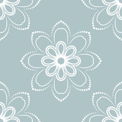 Floral vector light blue and white ornament. Seamless abstract classic pattern with flowers