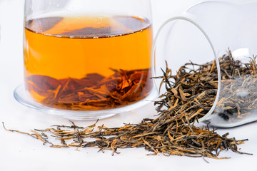 close-up of spilled tea Golden needle with a red-haired (Golden
