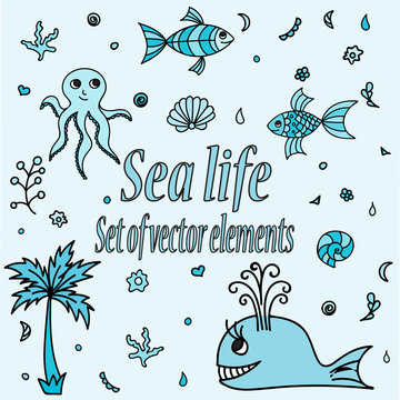 Set of sea animals and elements. Cute aquatic creatures. Hand drawn illustration with shells, whale, palm tree, fishes, octopus and coral. Vector cartoon icons. Marine life.

