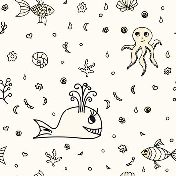 Underwater wildlife, cartoon animals. Vector illustration of happy fun sea creatures. Seamless pattern background. Texture with marine life.
