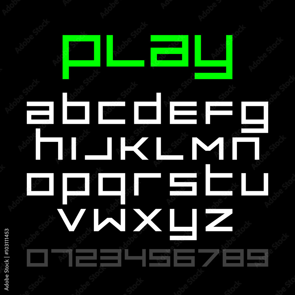 Poster old style video game font, alphabet and numbers