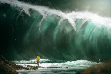 Man in front of a tsunami - obrazy, fototapety, plakaty