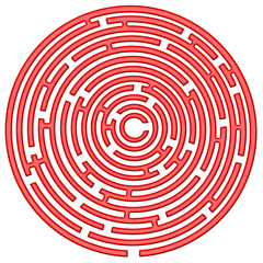 Circular maze in red on a white background
