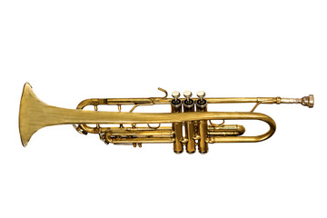 Obraz na płótnie Canvas golden brass trumpet in soft light isolated on white background.