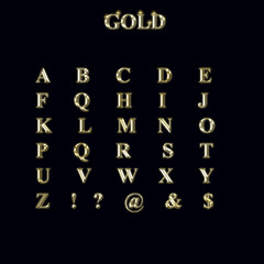 Алфавит большие золотые буквы и символы. gold.