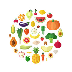 Vegetables, fruits and nuts food vector circle background. Modern flat design.