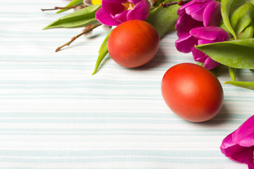 Easter decoration with eggs and tulips