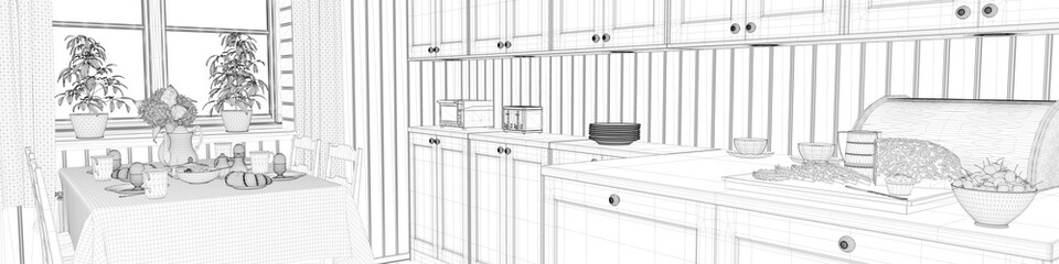 Panorama mit Küche als CAD Drahtgitter