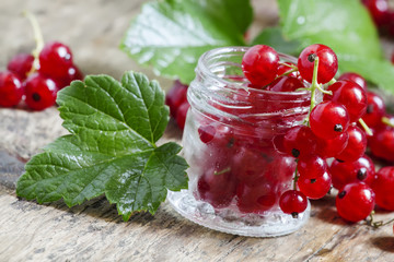 Fresh red currant with drops of water with leaves on the old woo