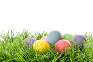 Fototapeta na wymiar Easter eggs in green grass. Festive decoration